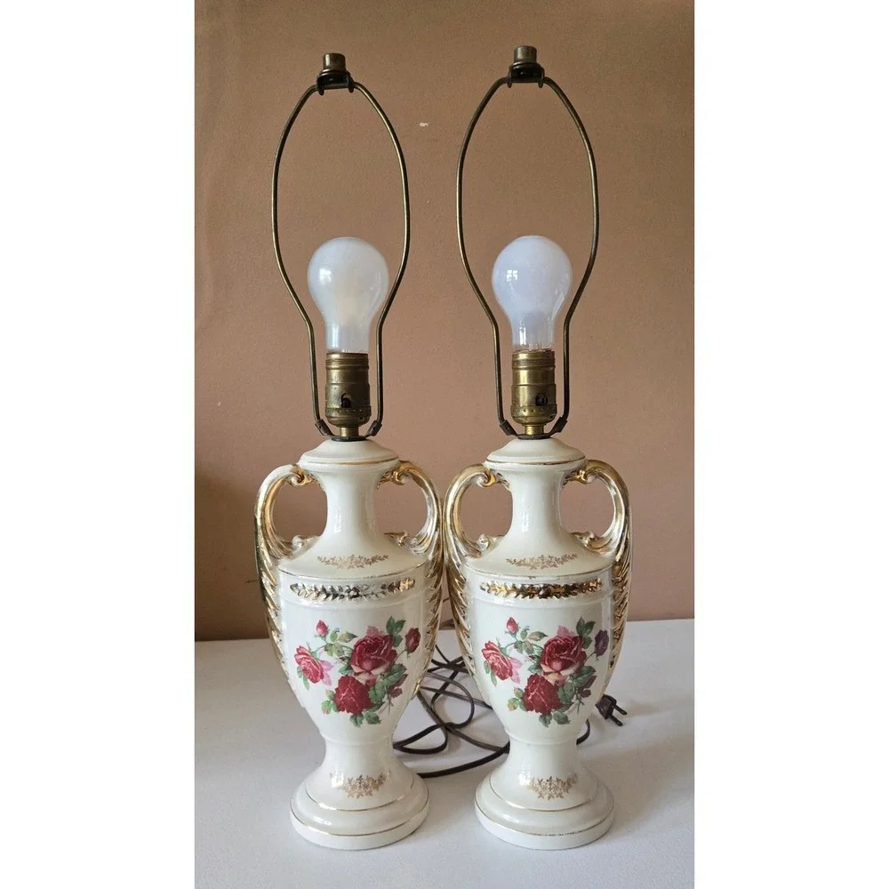 Vintage Pair Floral Porcelain Urn Table Lamps White Gold Roses Hollywood Regency